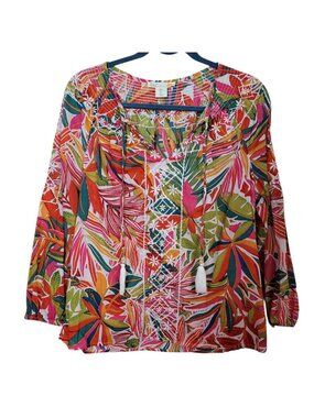C&C California Lightweight Blouse Botanical Tropical Embroidered Relaxed Fit Sm
